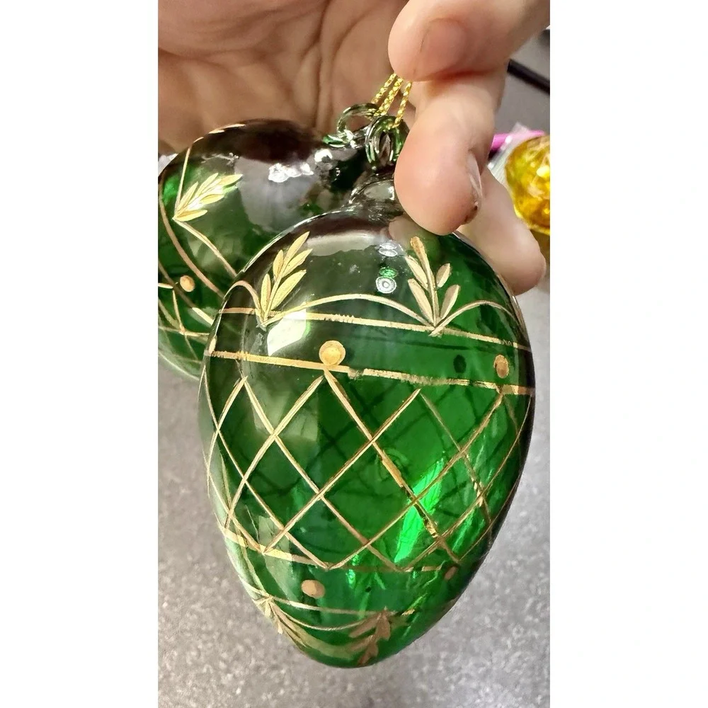 Vintage Hand Painted Blown Glass Christmas Ornaments Gold Lattice Lot of 3 Mint